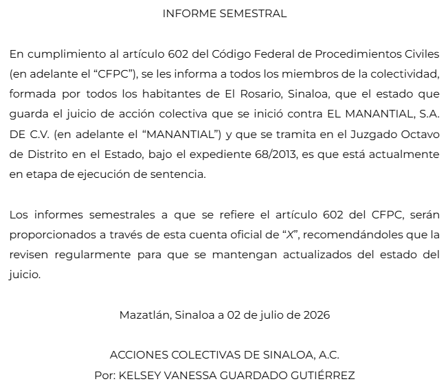 ACSinaloa's tweet photo. Les compartimos el informe semestral, relativo al juicio de acción colectiva difusa presentado en contra de El Manantial, S.A. de C.V., por los actos de contaminación generados con motivo de descargas de aguas residuales y manejo de residuos. https://t.co/5606dTNuJR