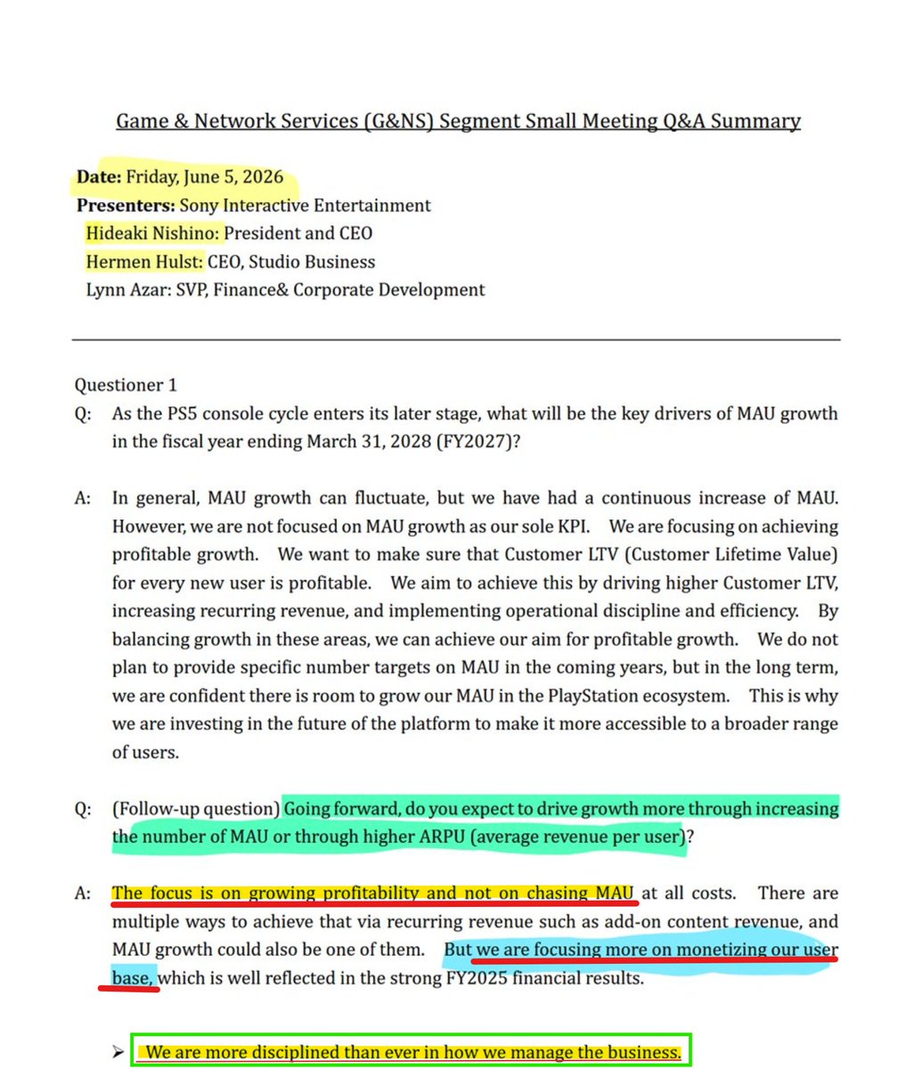 MisterSpace3's tweet photo. Let me add some internal sony data from the insomniac 2023 leak for sony's 1st party games (pic1)

So when sony says they're stopping discs to serve "consumer preference" they add insult to injury

In June 5th, Nishino stated that increasing MAUs is not probable, so they'll be increasing monetization of user base, more disciplined than ever (pic2)