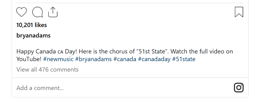 Consumer__Watch's tweet photo. 🎙️Bryan Adams Takes Aim At Trump With Protest Song 51st State 🎙️

🎶'Go’n Load Us Up With Tariffs, But We’ll Never Be The 51st State,' Rock Star Sings 🎶

Canadian rock star Bryan Adams dropped a protest song on Canada Day.

And while the powerful rock anthem never mentions Donald Trump by name — it’s abundantly clear who the message is for.

"Let me give you some advice, mister — you might have too much on your plate," rasps Adams in the chorus of the rough-and-tumble track. "Go’n load us up with tariffs, but we’ll never be the 51st state."

Released on streaming platforms, the two-minute, 16-second song 51st State is as punchy as it is pointed, appearing to respond to the U.S. president’s unrelenting jabs about annexing Canada.

But the song also reminds the U.S. president of the two countries’ long, shared history as allies and friends.

📢"Maybe you’ve forgotten, maybe you just don’t care, but we’ve always stood beside you for that liberty we share," Adams sings.

The 66-year-old rock veteran — best known love ballads such as (Everything I Do) I Do It For You and party anthems like The Summer of '69 — strikes a more defiant tone on the patriotic track.

"You can push us to the brink; But where the open road divides; You'll find a wall of maple; With us on the other side," sings Adams, before continuing:

"Let me give it to you straight; When you’re talking about my home; You better show some respect; 'Cuz up here we take care of our own."

WATCH | Adams's new track 51st State:
https://t.co/W59vHZjR6K

 The track is described in a news release as a "tongue-in-cheek response to the ridiculous narrative around Canada being better off becoming anything other than Canadian” and appears to be striking a chord with listeners, who have already racked up more than 230,000 views on YouTube.

"I wanted to write something about Canada because Canada is home," Adams said in a statement on his website. "There is more that binds us than divides us. This is a tribute to the pride and spirit of my fellow Canadians — the rest is just noise."

Adams, who was born in Kingston, Ont., and raised primarily in Ottawa, has never shied away from speaking his mind. 

He has been calling for an end to Canadian content rules ever since his 1991 hit (Everything I Do) I Do it for You was deemed by regulators to be not Canadian enough because he collaborated with non-Canadians. As recently as last year, he called the system “archaic” and “really stupid,” arguing it only serves to prop up mediocre homegrown music.

The song joins the growing list of ways Canadians have rebuked Trump. But Adams, in the song, still can't resist a little Canadian politeness — extending an olive branch, but with limits.

"Yeah, we're better off together, we'll be better hand in hand / But the 49th parallel has become a line drawn in the sand."

WATCH | The rise of 'Elbows up':
https://t.co/4aXCfocsQn

~  In response to U.S. President Donald Trump's tariffs, Canadian actor Mike Myers may have started a movement by pointing to his elbow and mouthing the words 'elbows up' during appearances on Saturday Night Live. The phrase has caught on and has become a rallying cry in the trade war.  ~

ABOUT THE AUTHOR

Kayla McLean
Journalist

Kayla McLean is a web journalist with CBC News in Toronto. She grew up in Brampton, Ont., and received her bachelor of arts in media production at Toronto Metropolitan University. 

Before joining CBC in 2024, she worked as a breaking news reporter at Global News Toronto — covering everything from crime, sports, festivals and politics. She also reported for Global News's current affairs show, The New Reality, covering stories with a focus on racial equality and climate justice. She also previously held positions as a chase producer and writer for CTV News Channel.

~  With files from The Canadian Press

View More Articles By Kayla McLean:
https://t.co/JYbIbt5BYH

View This Article On CBC's Website:
https://t.co/oT7JGm3fGI

Kayla McLean · CBC News · Posted: 
Jul 02, 2026 2:44 PM NDT 
Last Updated: 8 hours ago

#BryanAdams #51stState #51State #Canadian #NewSongOfTheDay #NewSong #Trump #DonaldTrmp #Tariffs #Entertainment #Celebrities #Music  #Singers #Bands #RockStar #CanadaDay