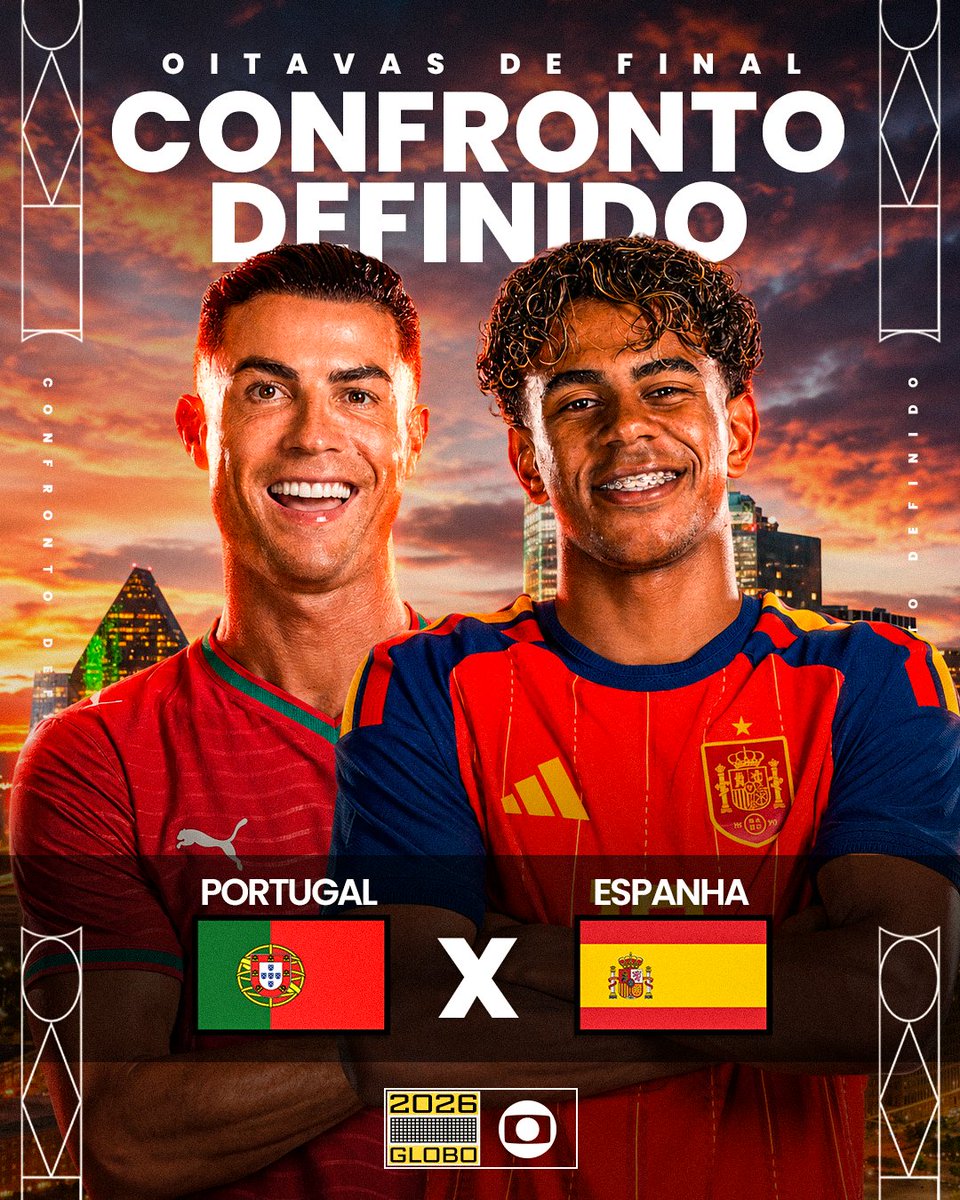 tvglobo's tweet photo. 🇵🇹🇪🇸 O CLÁSSICO DA PENÍNSULA IBÉRICA VAI ACONTECER NO MATA-MATA DA COPA DO MUNDO!!!

Portugal x Espanha nas oitavas de final! CR7 de um lado, Lamine Yamal do outro! Segunda, 6 de julho, às 16h! 🔥😱

#CopaNaGlobo #AGenteJogaJunto #FutebolNaGlobo https://t.co/ZVkc4S1N31