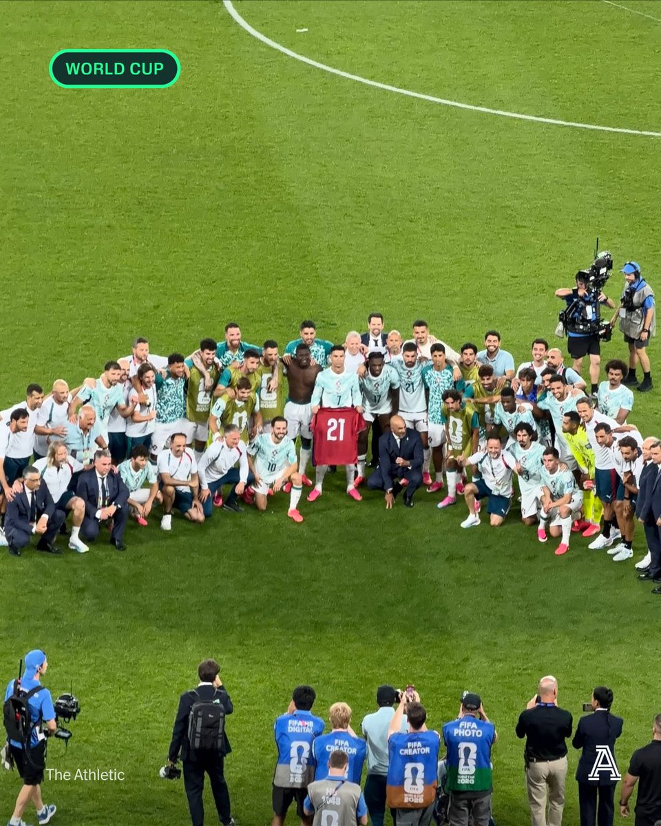 TheAthleticFC's tweet photo. There are layers to the emotion for Portugal players and fans — tomorrow marks the one year anniversary of the passing of Diogo Jota.

Ronaldo stands with tears in his eyes as the Portugal players applaud their fans, leading the team around the pitch with Diogo Jota's 21 jersey on.

For a moment, he was heading home in what is likely his last World Cup at the age of 41.

The dream is still on.