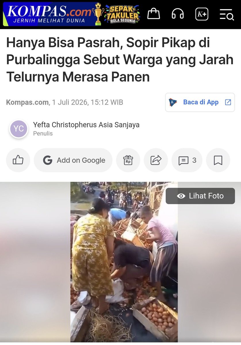 MiskinTV_'s tweet photo. Yang dibalikin baru 30kg 🙏

Berdasarkan keterangan sopir, ia membawa 1,33 ton telur (133 peti) senilai Rp26 juta menggunakan mobil pikapnya.

Berdasarkan pengalamannya dalam kecelakaan serupa, biasanya kurang dari separuh muatan yang pecah. Oleh karena itu, ia memperkirakan nilai telur yang masih utuh berkisar antara Rp10 juta hingga Rp13 juta.