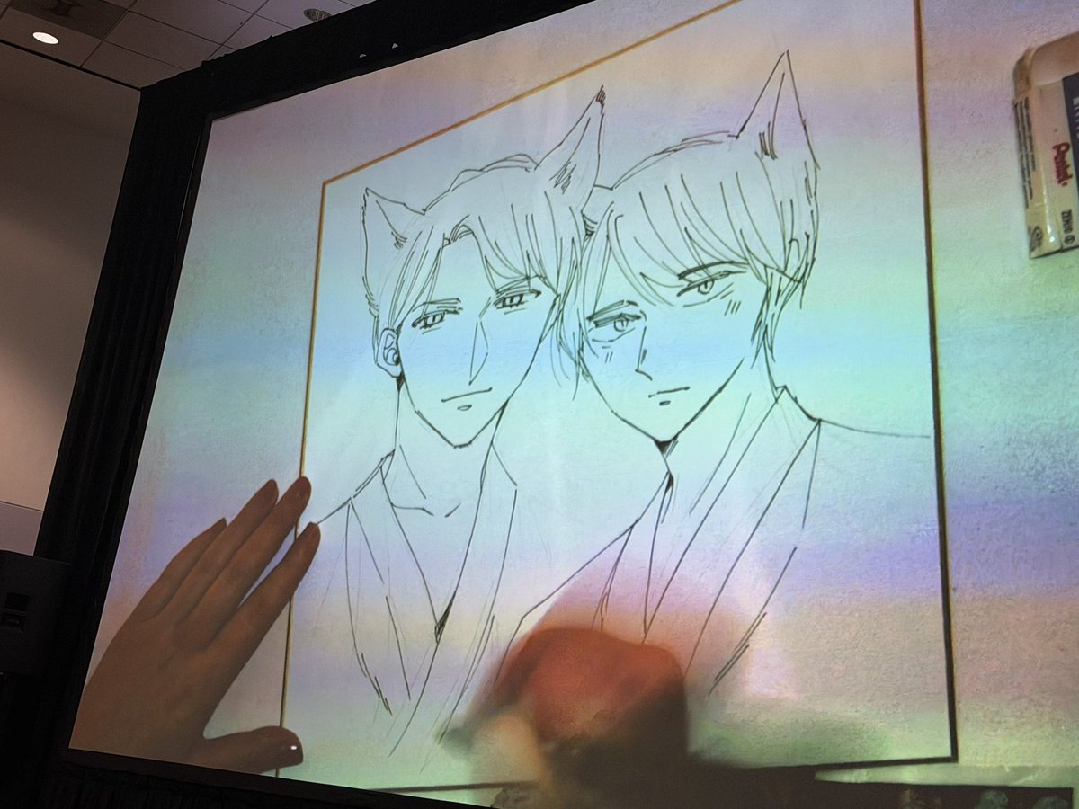 debaoki's tweet photo. The 2nd sketch by @toyotayou at the @SquareEnixBooks #ax2026 panel was a mix of 3 choices offered to the audience: cat ears, coffee date, or adachi and kurosawa (the main couple of “Cherry Magic”) wearing japanese style clothing. Ear-splitting screams for “cat ears”! https://t.co/1IEbkCau9B