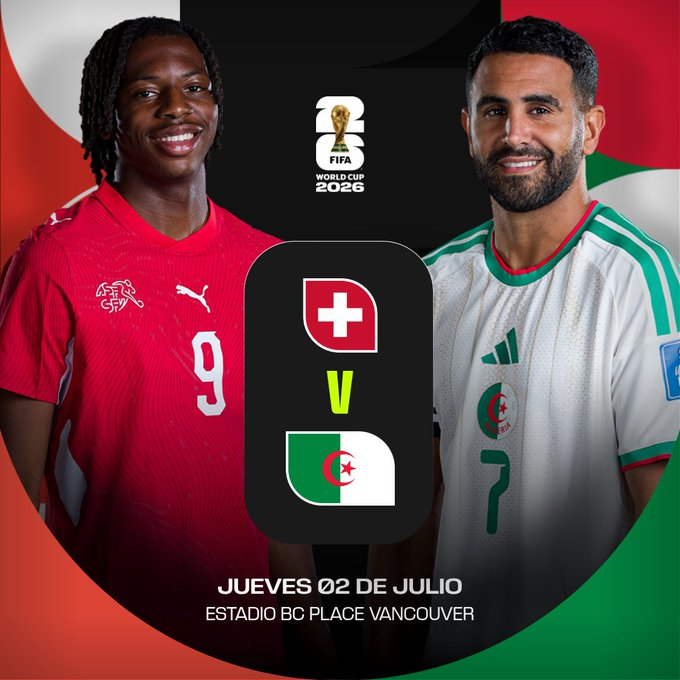 romanomad82's tweet photo. #Mundial2026 #FWC26 #FinalStage 1/16 Final. #Game85 #SUIvsALG Se cierra el dia con otro duelo europeo-africano. #SUI parte como favorito con Manzambi y Embolo muy en forma. #ALG equipo muy correoso y competitivo a sorprender con Mahrez. Esperemos goles y emoción. https://t.co/3yiUZF2IaR