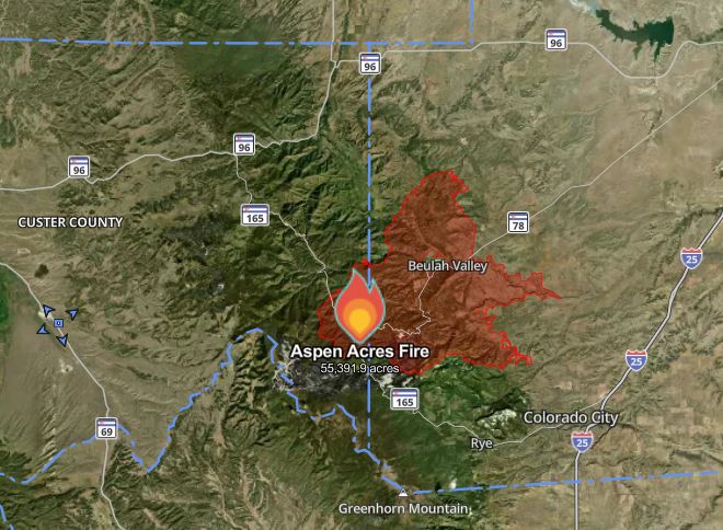 BianchiWeather's tweet photo. NEW: Aspen Acres fire grows to 55,392 acres, making it a top-10 biggest Colorado wildfire on record. It passed the 416 fire (2018) for 10th-biggest fire on record.

55,392 acres = 86.5 square miles = more than half size of the city of Denver. 

#COwx https://t.co/NEsfhYXfmZ