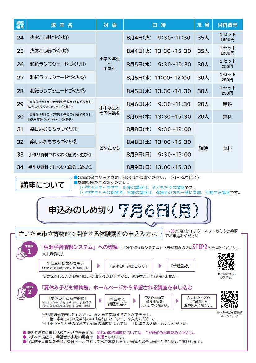 SaitamaMuseum's tweet photo. 【さいたま市立博物館】「夏休み子ども博物館」体験講座のお申込みは7月6日（月）〆切です。
初めての方は「さいたま市生涯学習情報システム」へのメールアドレスの登録などが必要ですので、余裕をもってお申込みください。
内容、方法等はこちらから
https://t.co/XQtFls2RdY https://t.co/0O8M7ZjqEn