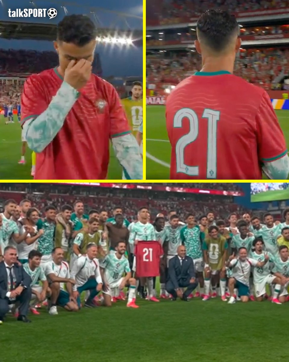 talkSPORT's tweet photo. Cristiano Ronaldo was brought to tears while wearing Diogo Jota's shirt after Portugal's 2-1 win over Croatia. 

An emotional night. ❤️🇵🇹 https://t.co/hBbzRvCYLj