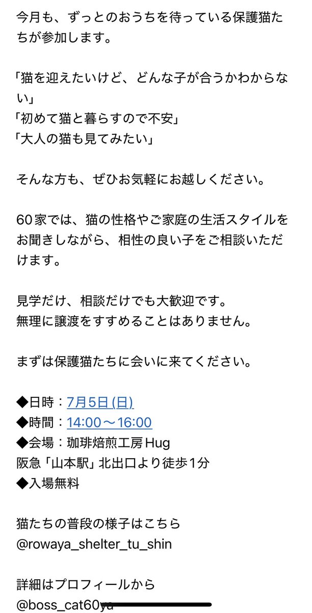 boss_cat60ya's tweet photo. 🐾今週日曜日は保護猫譲渡会です🐾

毎月第1日曜日に開催している、宝塚市の保護猫譲渡会😸

今月も、ずっとのおうちを待っている保護猫たちが参加します✨

是非お越しください😸
https://t.co/Cy0gtDYjkJ

#保護猫 #譲渡会 #宝塚 #60家 https://t.co/oLqd73eLoH
