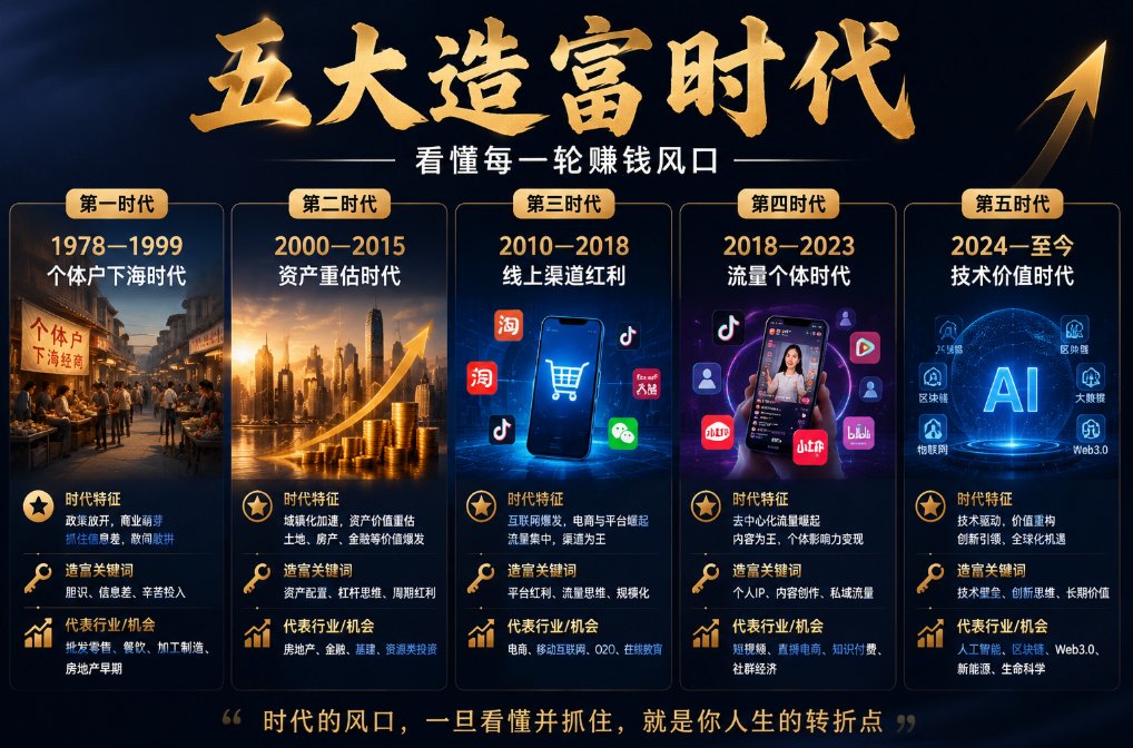 SHA256kar's tweet photo. 五大造富时代  看懂每一轮赚钱风口  
第一时代：1978—1999 | 个体户下海时代 
第二时代：2000—2015 | 资产重估时代 
第三时代：2010—2018 | 线上渠道红利 
第四时代：2018—2023 | 流量个体时代 
第五时代：2024—至今 | 技术价值时代 https://t.co/mQCBsfZF3B