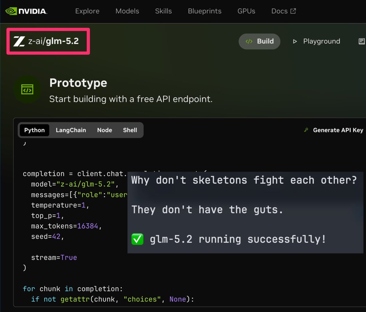 hqmank's tweet photo. 🎁GLM-5.2 just dropped on Nvidia's free API.

I tested it, runs fine. OpenAI-compatible, plug and play.

These free tiers always get crushed once word gets out. If you want to try it, go now.

Link 👇 https://t.co/wxHccOf2my