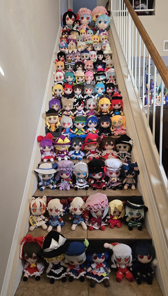 Mysticallala's tweet photo. #FUMOworldtour2026 I have been a fumo collector since 2019! Theyre honestly my favorite merch to buy! With the help of friends like Mr E, ive gotten so many and im not stopping! 
Id love to see Kanako Yasaka, Yuugi Hoshiguma, ZUN, Raiko Horikawa and Mike Goutokuji get a fumo! ❤️ https://t.co/8m5nKznbjL