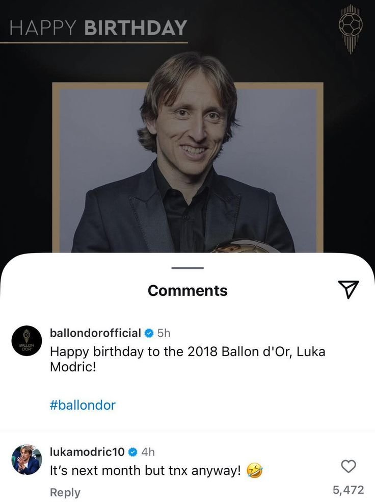 pazbls's tweet photo. cuando la cuenta oficial del balón de oro felicitó a modric por su cumpleaños pero no era ese día https://t.co/hj2VoYAWMS