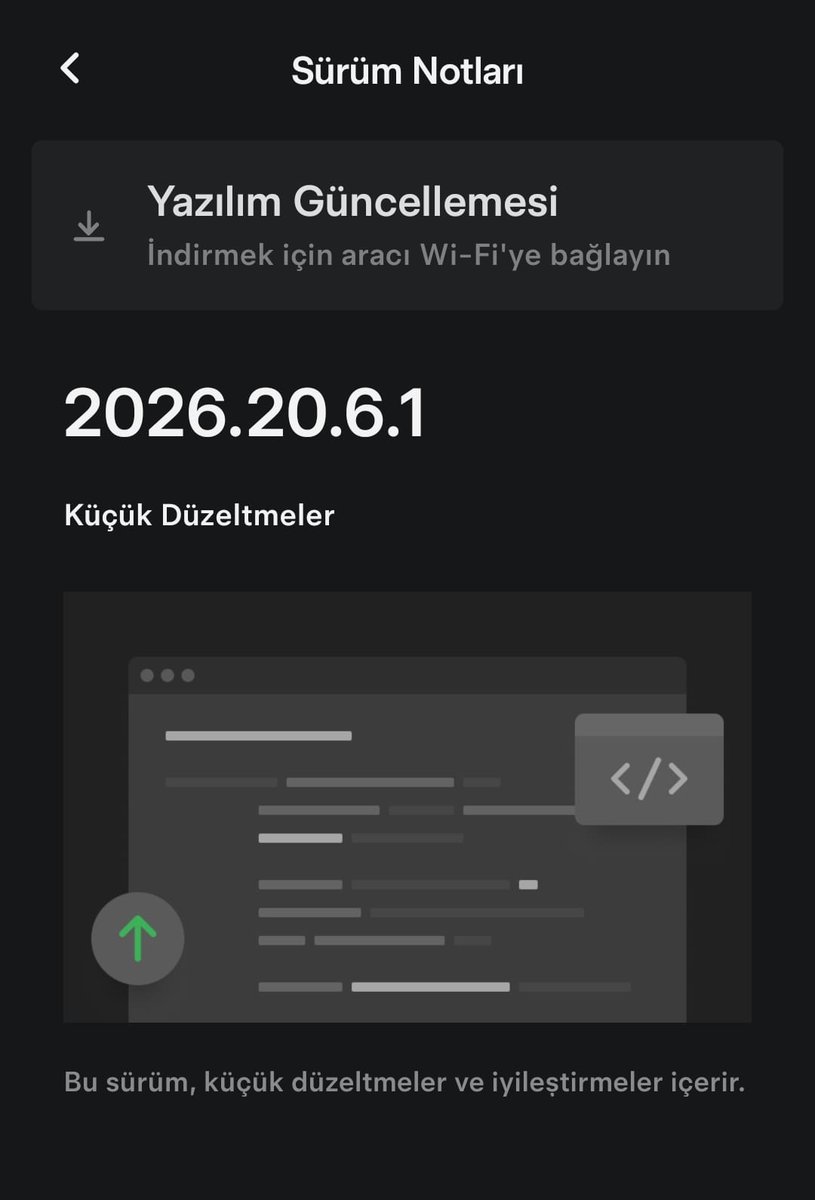TeslaLog's tweet photo. Tesla, 2026.20.6.1 yazılım güncellemesini göndermeye başladı.
Sürüm numarasından da anlaşılabileceği üzere bu güncelleme sadece hata düzeltmeleri içeriyor.
#TeslaLog #Tesla #Yazılım https://t.co/SOj0zpoMDr