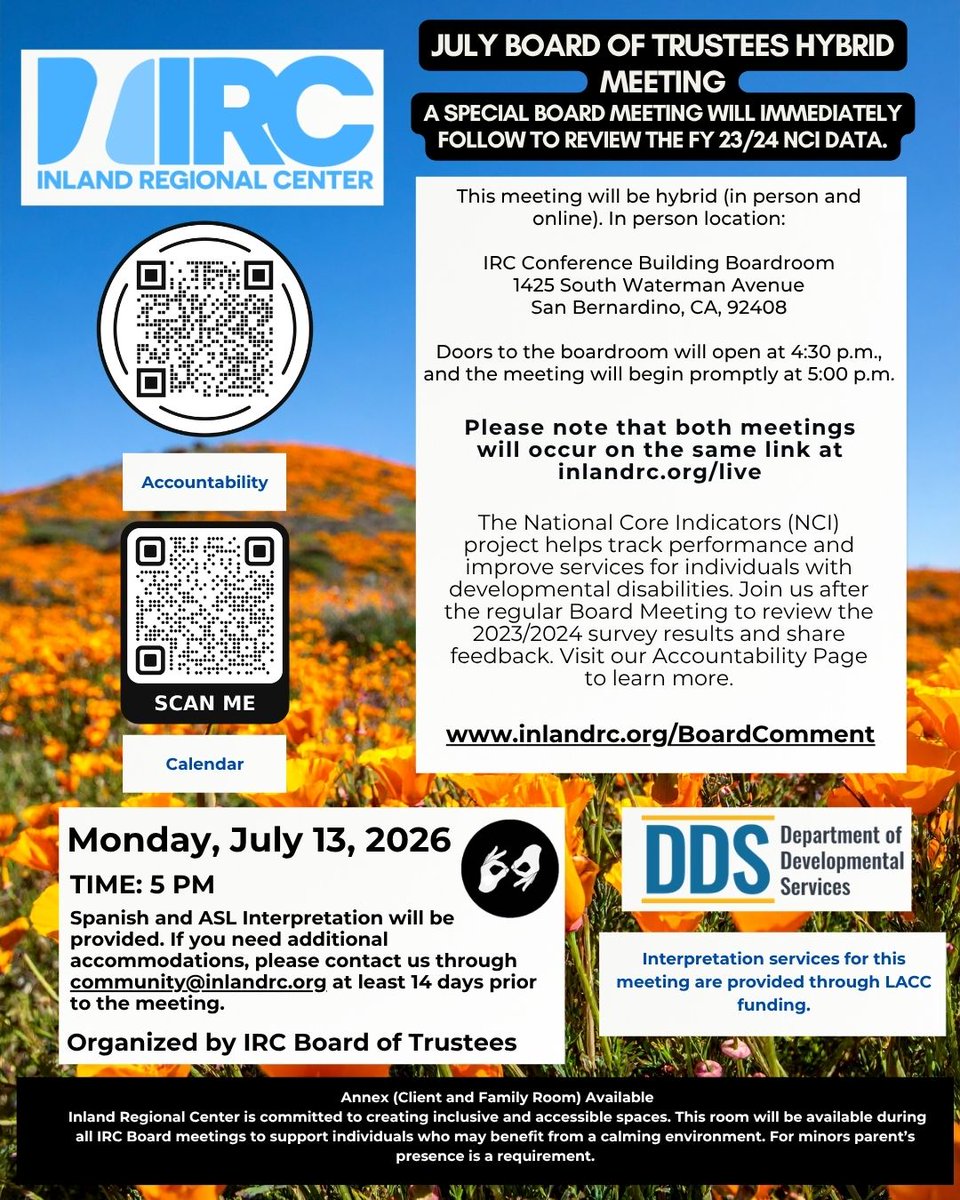 InlandRegional's tweet photo. 📢 IRC Board Meeting
📅 July 13, 2026 | 🕔 5 PM
📍 In Person & Online
💻 https://t.co/wBzSZakSRp
📝 Public comments: https://t.co/kT6z5nBWgH
#TEAMIRC #InlandRegionalCenter #IRC https://t.co/sEHBSzYQ9Z