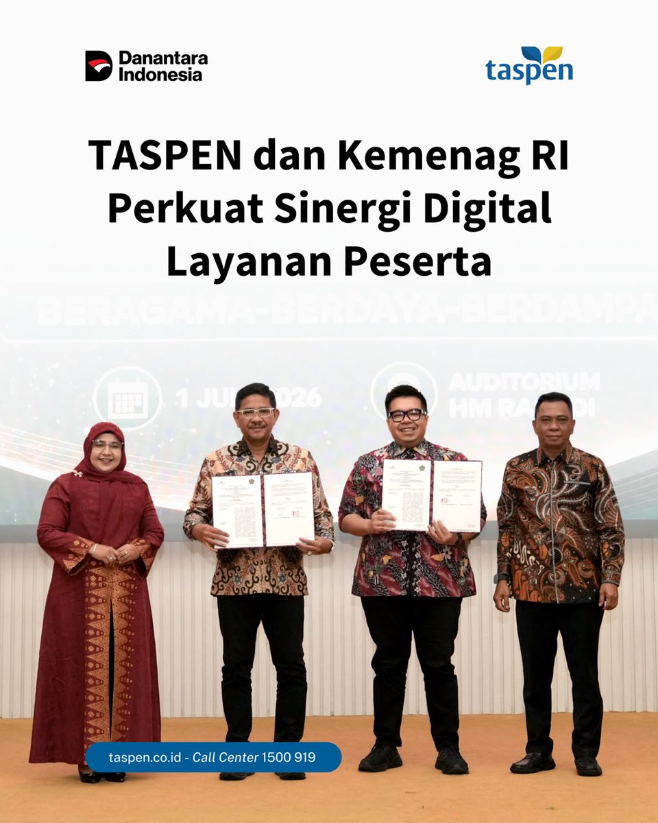 TASPENDenpasar's tweet photo. Kolaborasi hari ini, kemudahan untuk layanan ke depan ✨

Sinergi TASPEN dan Kementerian Agama RI menjadi langkah nyata dalam memperkuat transformasi digital serta meningkatkan kualitas pelayanan bagi peserta.

#TASPENAndalPensiunAman
#TASPENuntukMasaDepanASN
#TASPENAndalMelayani https://t.co/eucKOYfrRR