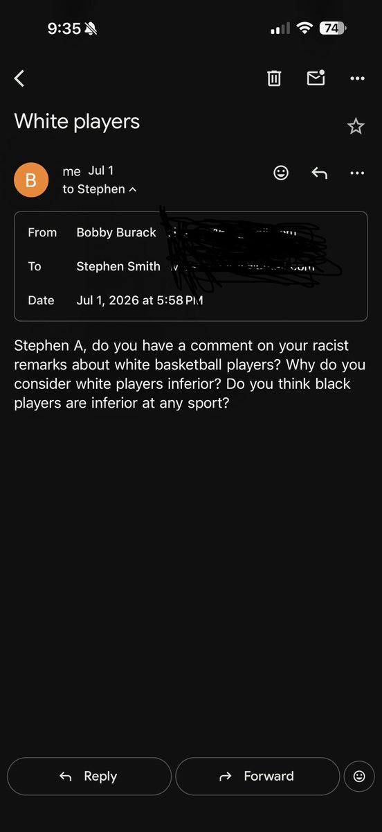 burackbobby_'s tweet photo. Hold up. @stephenasmith just accused my “sorry ass” on his live stream of “publishing a piece on Fox News” and “then” asking him for comment.

As you can see, I gave him 2:50 to respond. You can also, see that he told me via text a few months ago — on the record — to not wait for him because he thinks I’m bad for “humanity.”

Do you plan to correct your lie about me, @stephenasmith?