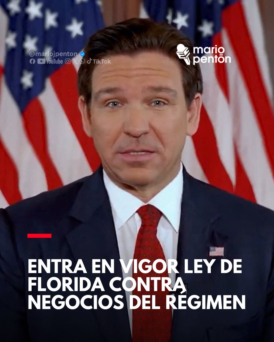MarioJPenton's tweet photo. 🔴 El gobernador de Florida, Ron DeSantis, puso en vigor la Ley FIRE, que endurece las restricciones contra empresas y personas con vínculos comerciales con el régimen cubano y otros gobiernos considerados de "preocupación", como Venezuela, Irán, China y Rusia.

⭕ La norma permite revocar licencias comerciales a compañías que hagan negocios con Cuba en violación de la ley federal y convierte en delito grave presentar información falsa para ocultar esas actividades.

⭕ La medida se suma al aumento de la presión sobre el régimen cubano en Florida, donde ya se han tomado acciones contra empresas con vínculos con La Habana y se investigan posibles nexos comerciales con el Gobierno cubano.

DIARIO DE CUBA