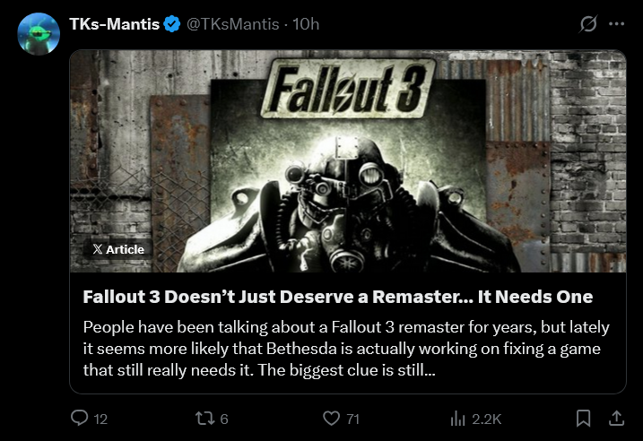 patrician_tv's tweet photo. Fallout 3 really just needs a remaster so he can cash out lol

A lot of this article is just "old game has old game problems you have to navigate when playing old games". None of that speaks to needing to ruin the game with a remaster but simply a modern stability patch. https://t.co/IE98gkbFbp