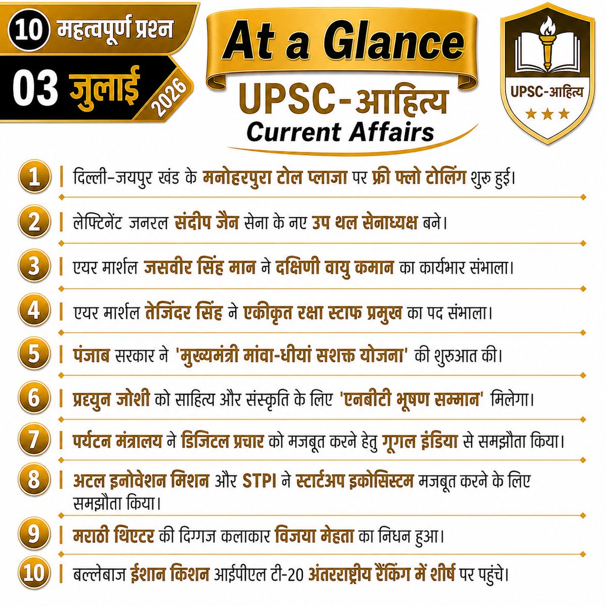 rayahity's tweet photo. 📚 3 जुलाई 2026 | UPSC-आहित्य करेंट अफेयर्स
आज के 10 सबसे महत्वपूर्ण करेंट अफेयर्स एक ही पोस्ट में।
तेज़ रिवीजन करें, सफलता की ओर बढ़ें। 🚀
#CurrentAffairs #UPSC #DailyCurrentAffairs #UPSCPreparation https://t.co/sv0DspwkuS