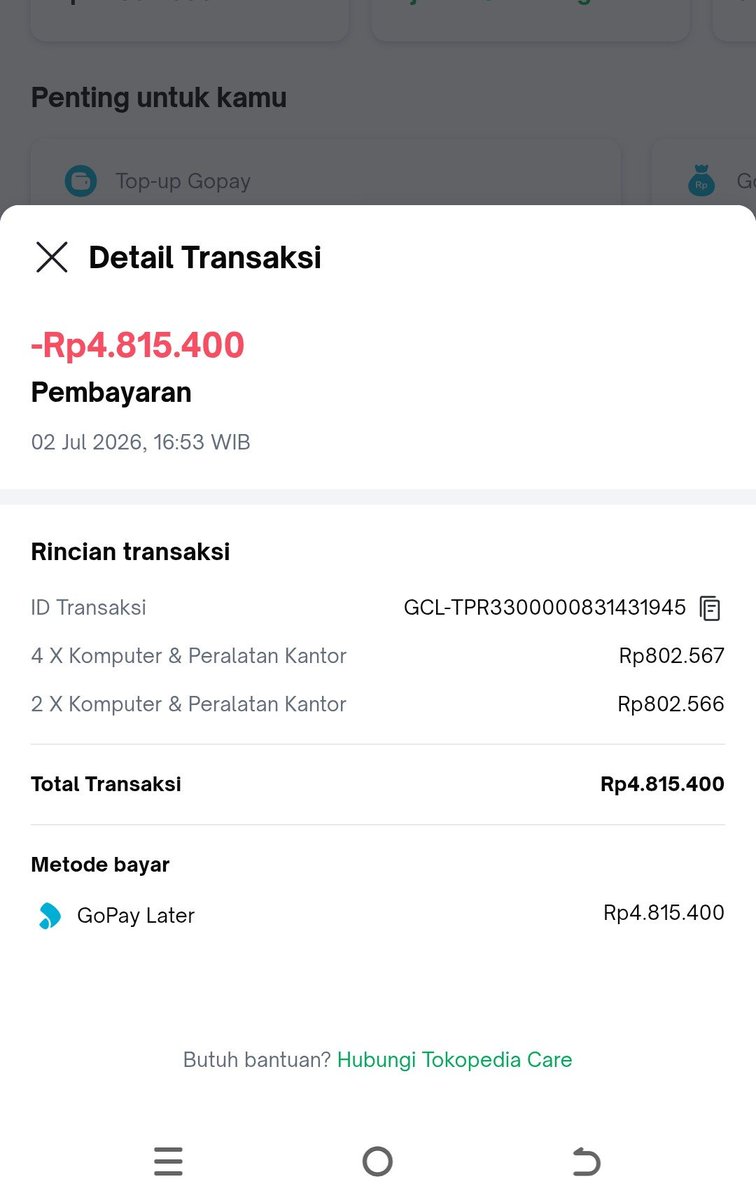 bennikarsa's tweet photo. Teman2 tolong bantu viralin dong, ini @gopayindonesia @TokopediaCare gak ada respon sama sekali. 

Ini akun gopaylater tiba2 ada tagihan 4,8jt gak tau dari mana. Di akun tokped saya yang nyambung ke akun gopay jg gak ada transaksi apapun.

Gak ada notifikasi transaksi apapun di email juga. Temen2 yang tau soal ini tolong bantu ya 😫🙏 
#sarapan