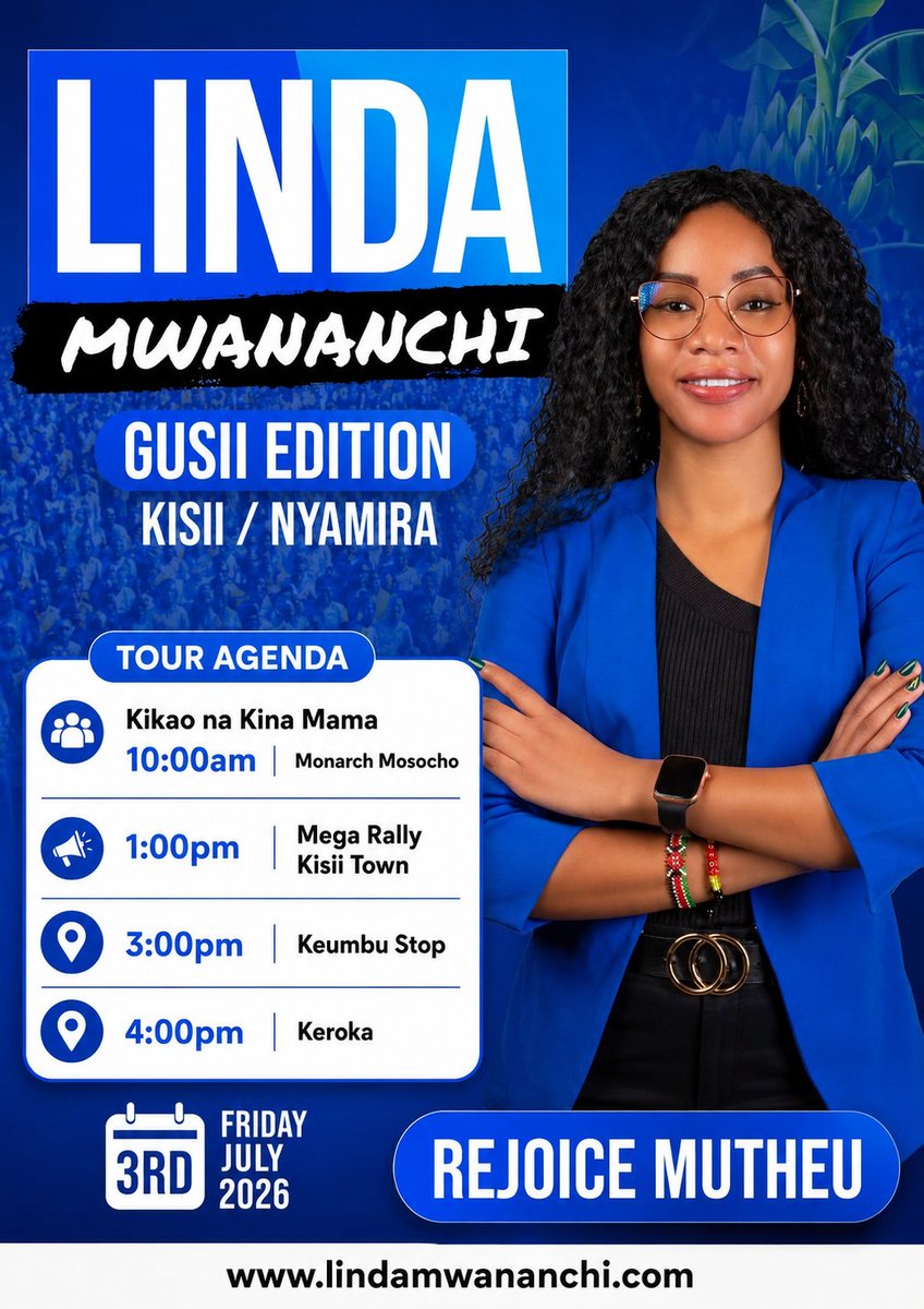 Mutheu_Rejoice's tweet photo. Gusii land, we're landing 
The Linda Wananchi mega rallies touch down in Kisii and Nyamira, and this ground will shake.
Kenyans be ready 
H.E Rejoice Mutheu Mwambia 
@LindaMwananchi_
@HEBabuOwino
@edwinsifuna 
@AngelMbuthia
#LindaMwananchi 
#Gusii
#WomanRepMachakos https://t.co/4d6v9ctXTY
