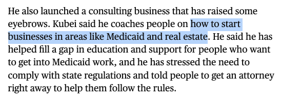 concunyo's tweet photo. @sigma_47 The article makes a compelling case that Kubei is a fraudster:
1. He got rich being a Medicaid provider
2. Has a side hustle showing others how to get rich doing the same
3. Also admits to overbilling (while pretending it's nothing)
4. Admits to providing subpar care https://t.co/bmm8vSvzfV