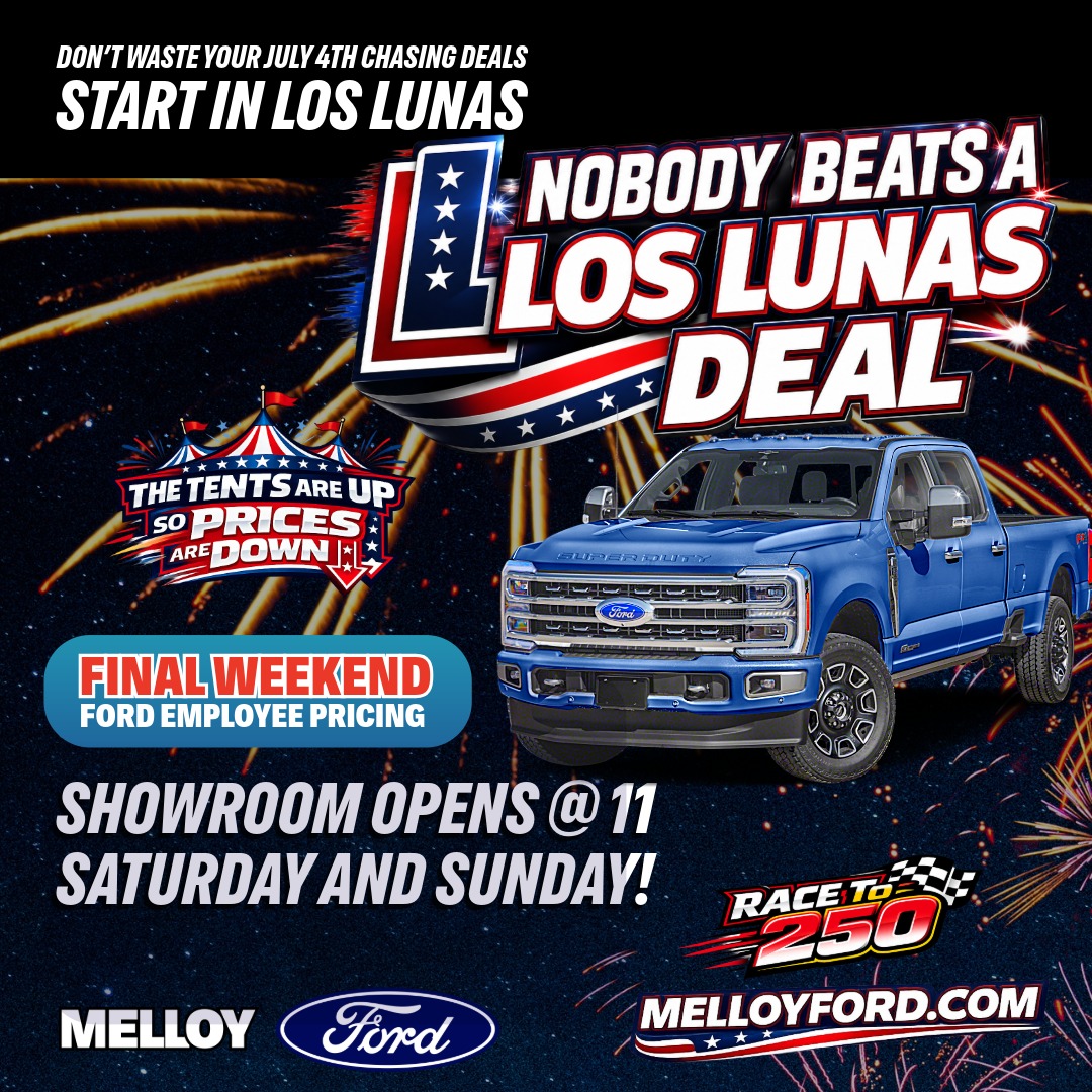 MelloyFord's tweet photo. Why spend your July 4th weekend chasing deals? Start in Los Lunas. Final Weekend of Ford Employee Pricing. Showroom opens at 11 AM Saturday &amp; Sunday. Nobody Beats a Los Lunas Deal. 🚙💥 #Ford #SuperDuty #July4th #NewMexico https://t.co/L1DdeGJ0IN