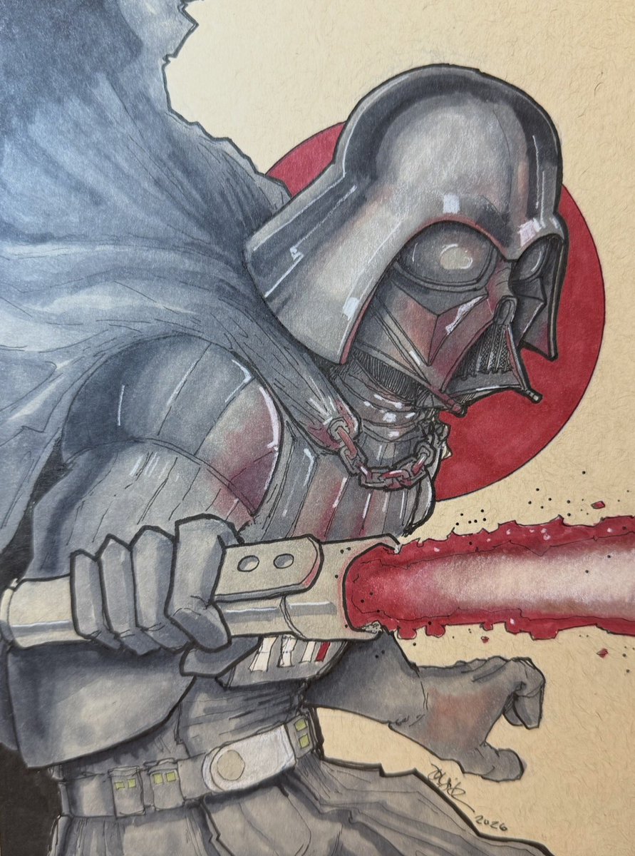 Doodlebags's tweet photo. Rendered #darthvader #illustration #sith #jedi on 6x8 toned tan paper with ink and #copicmarkers https://t.co/C2hr5PYWNI