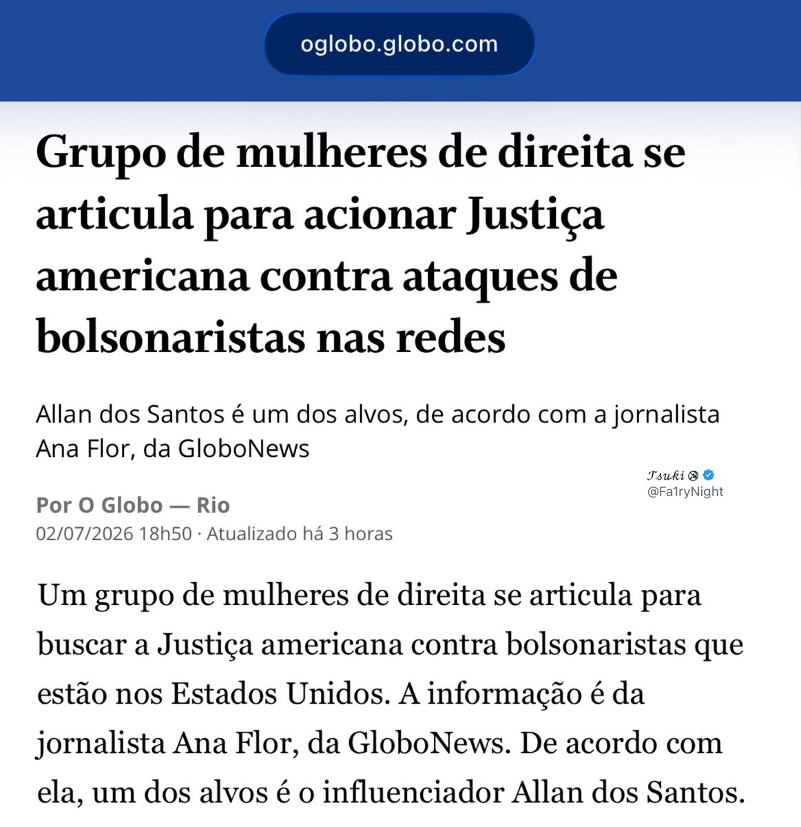 Fa1ryNight's tweet photo. Os “ataques” que a própria matéria chama de críticas:

“Entre as expressões mais utilizadas nas críticas à ex-primeira-dama estão os termos Michelle Firmo, seu nome de solteira, e “Dona Michelle”, com ironia. Nos ataques, ela também é chamada de “traidora” e de “feminista”.”

Até a Bia Kicis está entre os nomes.

Será muito f*** se essa articulação estiver sendo feita por conservadores (as) que residem nos EUA.