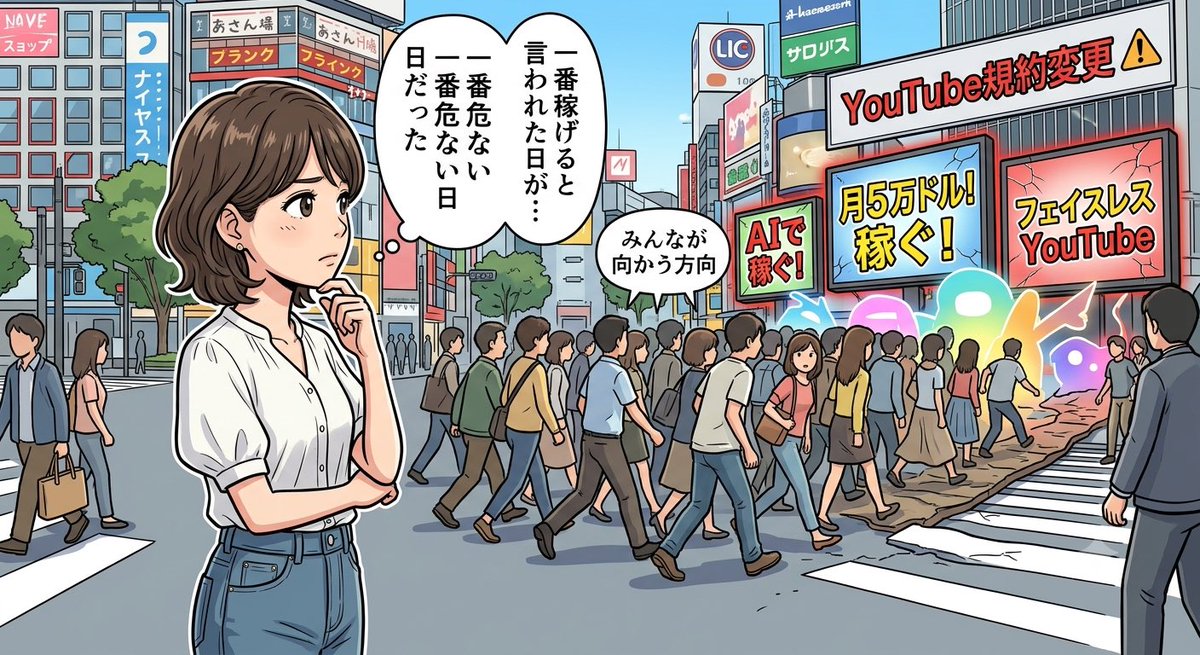NTengmiki's tweet photo. 今日のGrokレポート、10件中7件が「フェイスレスYouTube」だった。

「1日1時間、スマホだけで週3000ドル」
「月5万ドル稼いだ」

正直、一瞬心が動いた。

でも調べた。

2026年1月、YouTubeは「inauthentic content」ポリシーのもとで、3500万人分の登録者を持つチャンネルを一括削除していた。

AI台本、AI音声、ストック映像。
今日のレポートで勧められていた作り方と、ほとんど同じ構造だった。

150日間で26,311ドルをかけて、1万ドル近くを失った人もいた。

今日気づいたこと。

一番情報が集まっている場所が、一番安全とは限らない。
規制が一番厳しくなった直後こそ、「稼ぎ方」を教える人が一番増える。

教える側は、規制前の成功例だけを見せる。

100日前、私はAI副業を「本当か？」と疑うところから始めた。
100日間、何も稼げていない。
でも、100日間、一つも失っていない。

一番情報が集まる場所に、みんなが向かう。
それは弱いからじゃない。
乗り遅れたくないからだ。

でも、みんなが向かっている方向が、一番危ない方向のこともある。

立ち止まる人だけが、それに気づく。

続きはプロフィールのNoteに書きました。

#AI副業 #主婦の副業 #note #副業初心者 #情報核査