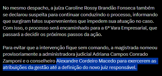 ntvascainos's tweet photo. Calma, galera! Isso tudo só é coincidência.

A juíza se declara suspeita, mas, antes de deixar o caso, nomeia Alexandre Cordeiro, que está na SAF há apenas dois meses. Ao mesmo tempo, mesmo com Samantha Longo, no seu parecer ela determina que seja observado uma 4ª pessoa que acabou de chegar no conselho de adiministração da SAF.

O detalhe que chama a atenção é que, quando afastou Pedro Paulo, Cristiano Camps e Felipe Passos, o único que permaneceu foi justamente Alexandre Cordeiro.

Parabéns aos envolvidos. Vocês são verdadeiros gênios!
