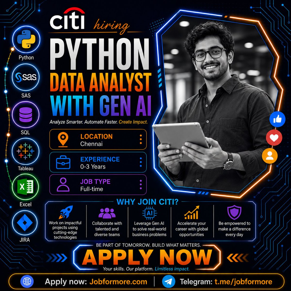 jobformore's tweet photo. 🐍 Python Data Analyst with Gen AI @ Citi
📍 Chennai | 0–3 Years
🎓 BE/BTech/MCA
💻 Python, SAS, SQL, Tableau, Excel, JIRA

#Jobformore #Citi #PythonJobs #DataAnalyst #GenAI #TechJobs

Apply: https://t.co/kAyYaYqyhs https://t.co/TU7pOmEEob