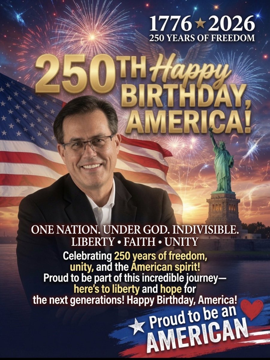 MickeySullivan1's tweet photo. Proud to be part of this incredible journey. Here’s to 250 yrs of freedom, unity, and the American spirit… &amp; to centuries more of liberty &amp; hope for all who come after us.
Happy Birthday, America! May God continue to bless the United States of America.

#250YearsStrong #Americ https://t.co/hICQJyCgGk