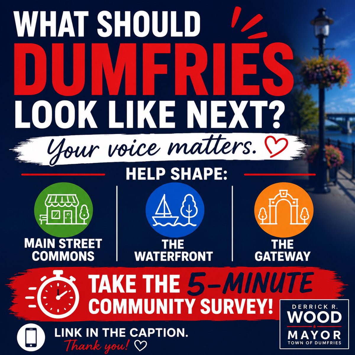 DRWood77's tweet photo. ๐ฃ What should Dumfries look like in the future?
Your ideas can help shape:
๐๏ธ Main Street Commons
๐ The Waterfront
๐ช The Gateway
๐ Take our 5-minute survey:
https://t.co/AoPnsw1tmM
#DestinationDumfries #ShapeTheFuture https://t.co/pwRsKd20Oh