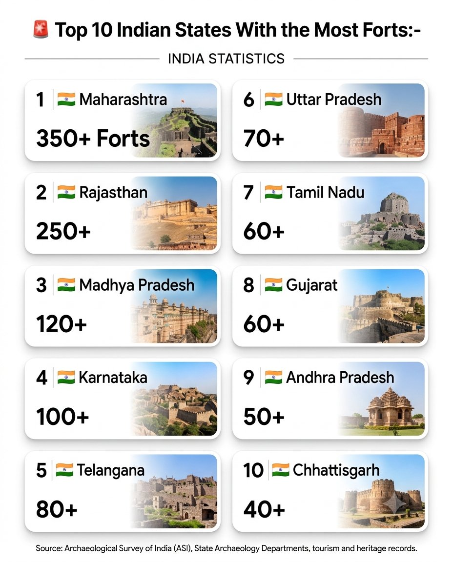 indi_statistics's tweet photo. 🚨 Top 10 Indian States With the Most Forts:-

1. 🇮🇳 Maharashtra — 350+ Forts
2. 🇮🇳 Rajasthan — 250+
3. 🇮🇳 Madhya Pradesh — 120+
4. 🇮🇳 Karnataka — 100+
5. 🇮🇳 Telangana — 80+
6. 🇮🇳 Uttar Pradesh — 70+
7. 🇮🇳 Tamil Nadu — 60+
8. 🇮🇳 Gujarat — 60+
9. 🇮🇳 Andhra Pradesh — 50+
10. 🇮🇳 Chhattisgarh — 40+

Source: Archaeological Survey of India (ASI), State Archaeology Departments, tourism and heritage records.
