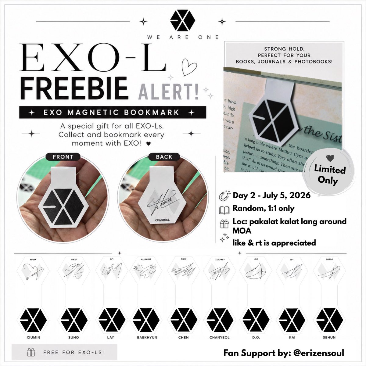 erizensoul's tweet photo. EXhOrizon in Manila Giveaway / Freebies by @erizensoul

🔖EXO Magnetic Bookmark
 
🔅 Day 2 - July 05, 2026
🔅 limited quantity!
🔅 random, 1:1
🔅 like &amp; rt is appreciated 

See you there! 🩶 https://t.co/MTOKZtrxdC