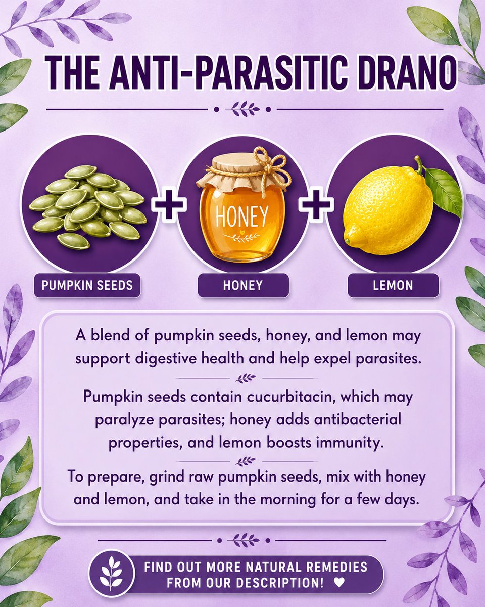 BarbaraOneillAU's tweet photo. 🌿 The Anti-Parasitic Drano! 🍯🍋

A simple yet powerful blend of pumpkin seeds, honey, and lemon to support digestive health and help expel parasites naturally! 🚀

✨ How it works:
🥜 Pumpkin Seeds – Contain cucurbitacin, which may paralyze parasites 🦠
🍯 Honey – Adds antibacterial properties for extra healing 💪
🍋 Lemon – Boosts immunity and supports detox 🍃

✅ How to Use: Grind raw pumpkin seeds, mix with honey and lemon, and take in the morning for a few days!