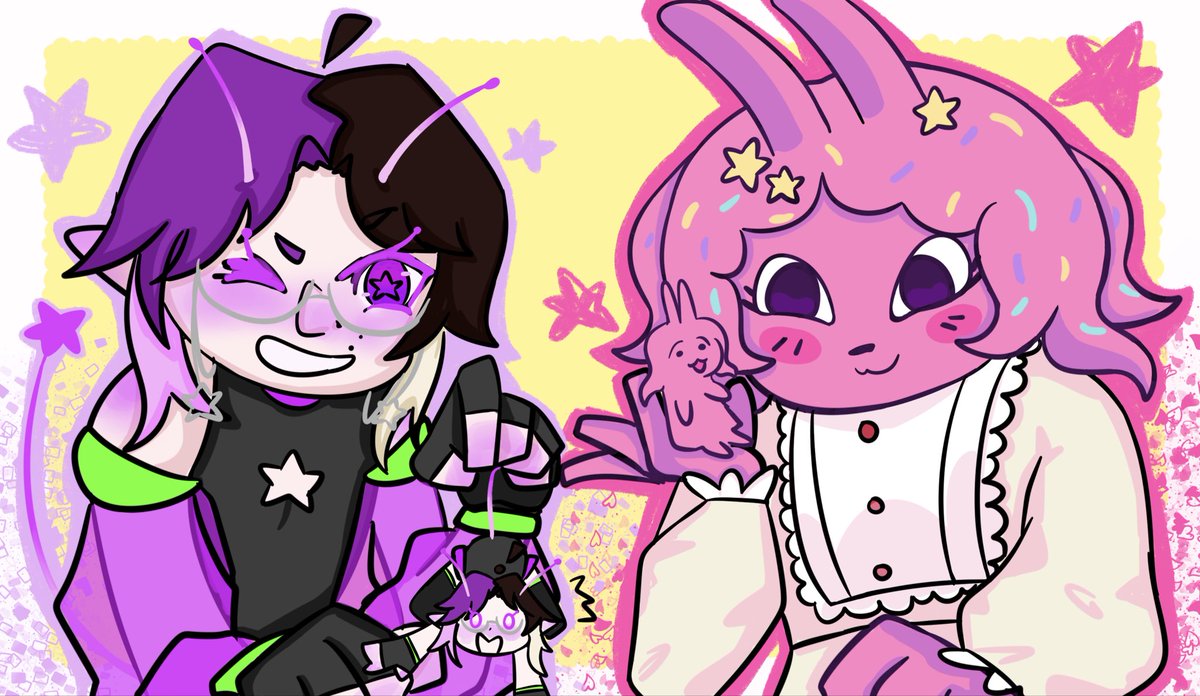 AastroNone's tweet photo. I'm doing artfight this year! Here's my attacks from day one for my friend Beabe! A piece featuring both of our sonas, and a paper collage of her cutie alien OC, Selene! https://t.co/2YzlelaPdb