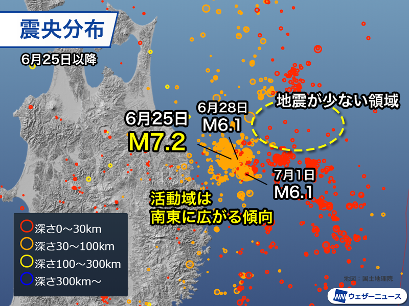 wni_jp's tweet photo. ＜岩手県沖の地震活動が活発＞
6月25日に発生したマグニチュード7.2の地震以降、岩手県沖では地震活動が活発な状態が続いています。
7月1日(水)夜にもマグニチュード6.1の地震があり、震源域は南東方向に広がっている状況です。
https://t.co/lckWRxsvBl https://t.co/Voyq4EgfRo
