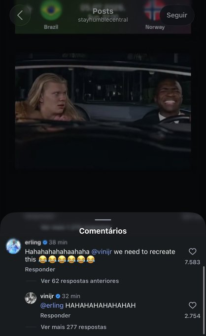 CentralDoBrega's tweet photo. o Haaland viu o meme que fizeram dele e do Vinícius Jr, marcou o Vini na postagem e comentou “precisamos recriar isso 😂”

o homem é da resenha e está atento nos memes kkkkkkkkkkkkkkkkkk https://t.co/RDxEbarauy