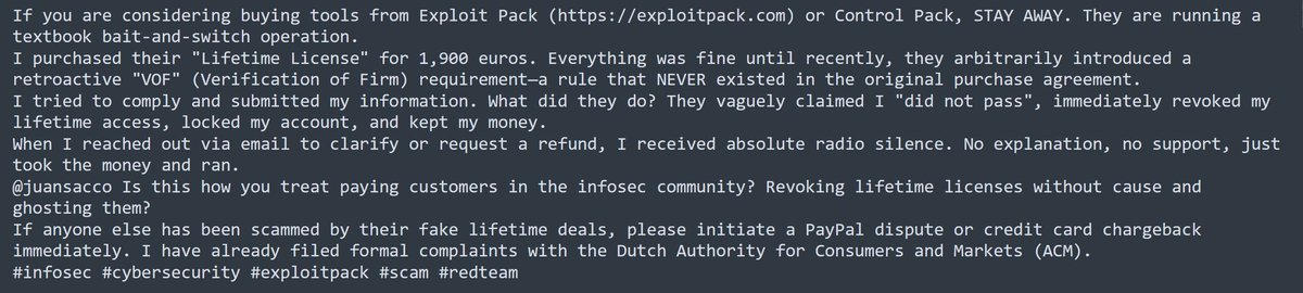 redklxcf's tweet photo. WARNING: https://t.co/f4RwF3L6FK is running a "Lifetime License" bait-and-switch scam (Retroactive VOF trap) If you are considering buying tools from Exploit Pack (https://t.co/xX3bS84fFm) or Control Pack, STAY AWAY. They are running a textbook bait-and-switch operation. https://t.co/7TdxMYmkSb