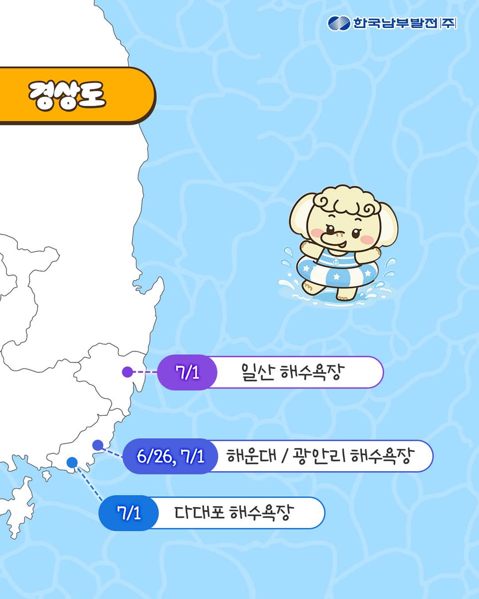 kospotogether's tweet photo. 🍉 에코프렌즈와 함께 알아보는
2026년 전국 해수욕장 개장지도🌊

무더운 여름을 녹여줄 파도와 함께
청량한 여름휴가 보내세요!💦

※ 지역별 운영 일정은 날씨나
현지 상황에 따라 변경될 수 있습니다.

#한국남부발전 #남부발전 #KOSPO #해수욕장
#개장일정 #바다 #여름휴가 #바다 #가족여행 https://t.co/PhJc9YqSTU