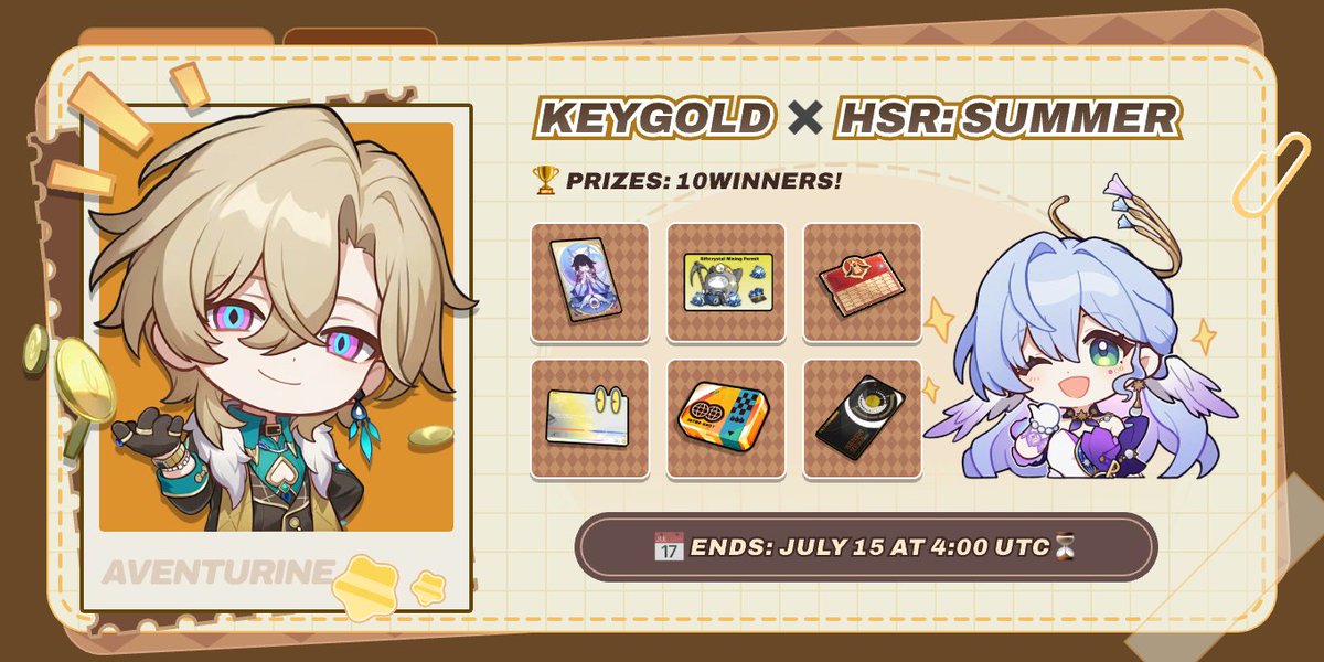 KeyGold_gg's tweet photo. 🪙 FREE MONTHLY CARD? Aventurine & Robin are ready for the beach! 🎤🏖️

Honkai: Star Rail cosmic tour is officially here! To celebrate this summer vacation with our amazing community, we’re hosting a special celebration event! 🎁

Check the rules in the reply below to secure your chance to win an Express Supply Pass (or equivalent monthly card for your favorite game)! 👇

#HonkaiStarRail #Aventurine #Robin #KeyGold