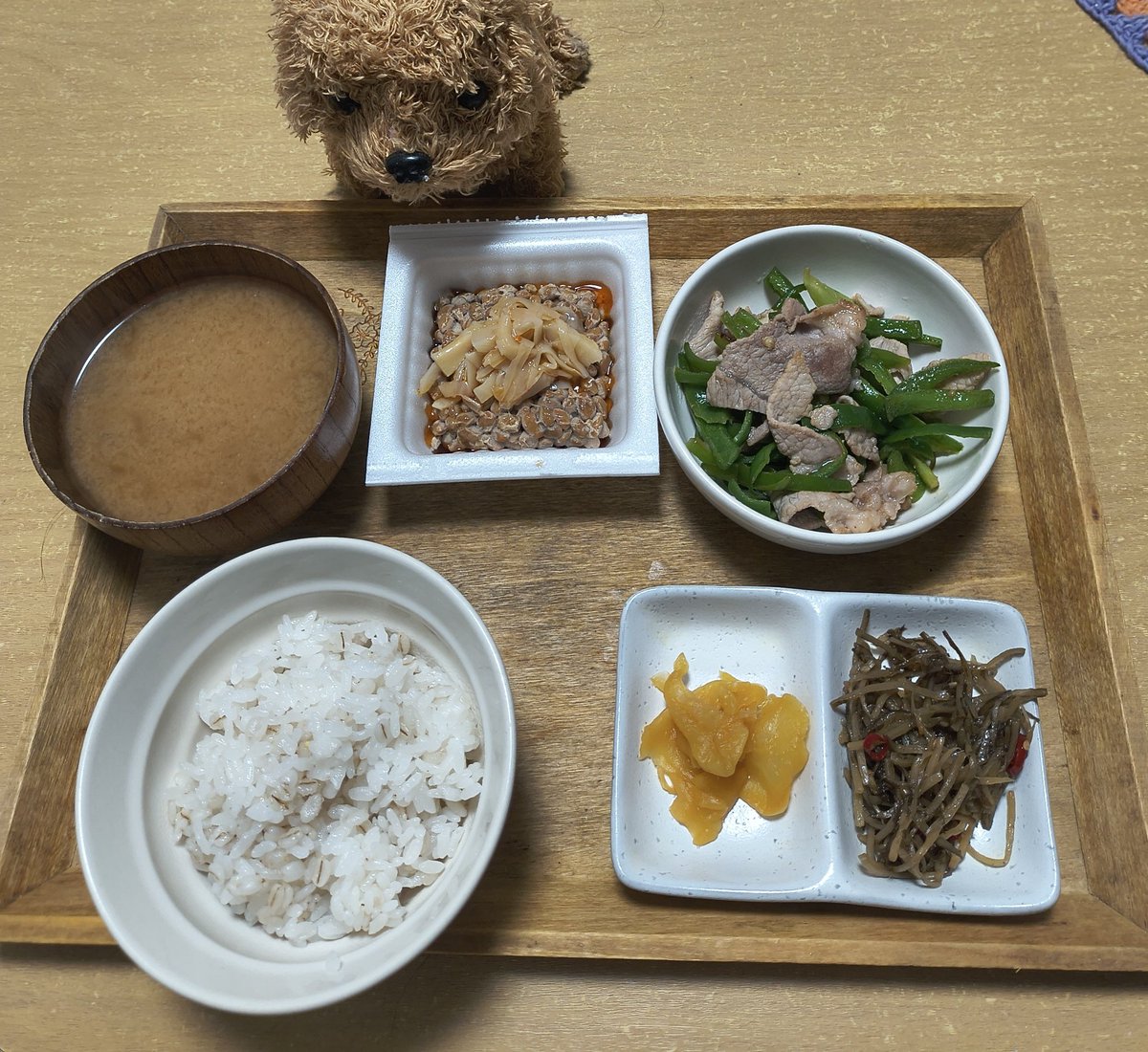 thealfee691's tweet photo. 昨日の朝ごはんはちょっと品数が多かったかな(笑)

ピーマンと豚肉炒め
きんぴらごぼう
納豆、つぼ漬け
麦飯＆あさりの即席味噌汁

今朝は明太子おにぎり
サラダ、ハムたまご炒め
やわらぎのっけ冷奴
わかめの味噌汁

ワンプレートは楽チン🎶 https://t.co/QV6tg00oPe
