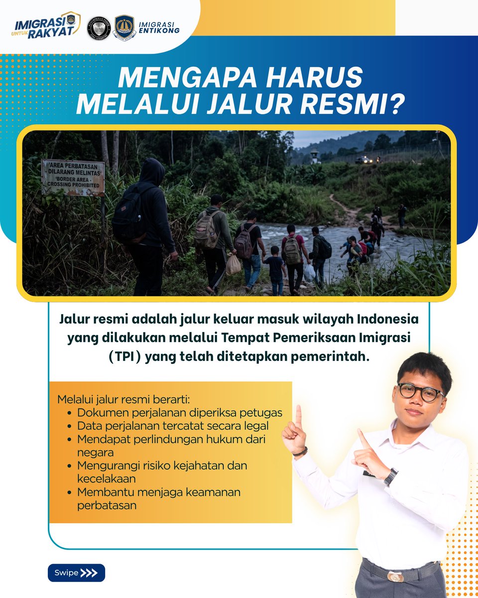 kanimentikong's tweet photo. Sanak Menyadik, masuk atau keluar wilayah Indonesia wajib melalui Tempat Pemeriksaan Imigrasi (TPI) yang resmi. Melintas melalui jalur tidak resmi bukan hanya melanggar hukum, tetapi juga dapat membahayakan keselamatan diri. https://t.co/UGxhMPvTIQ
