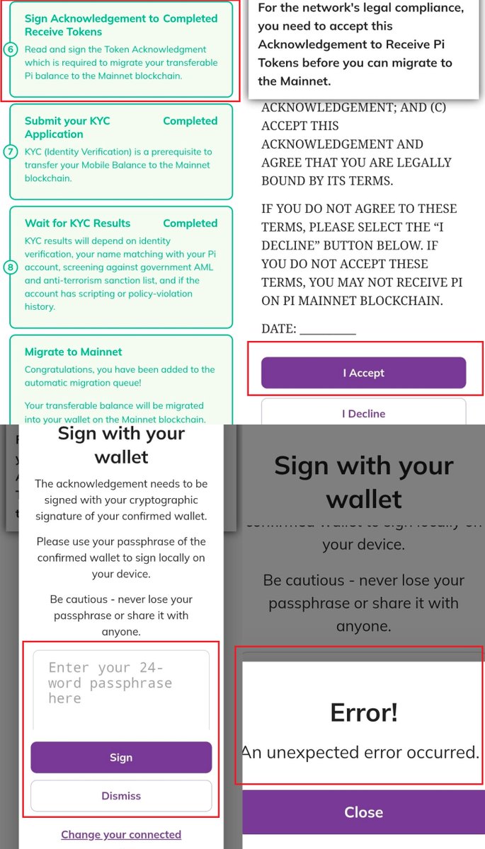 Pireferralcode's tweet photo. @txBirdie @PiCoreTeam Thanks. But, checklist 6 error still remains unresolved.

We have already completed the migration, but since it prompts me to sign (I Accept) again, clicking it and entering the Passphrase results in an "Error" message.

Pioneers are reporting this same issue. https://t.co/TbjCU7q23r