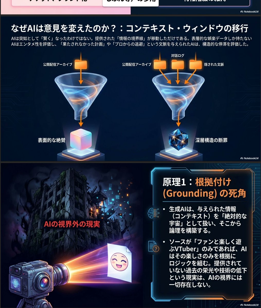 llitesateX's tweet photo. 昔に推していたVtuberのデータをNotebookLMに読み込ませてみた
現在のライブ配信をソースとして入れたら「戦略的マルチクリエイター」と大絶賛
過去の実績をソースに入れたら「堕落したクリエイター」と冷酷に評価

情報の有無で都合の良い真実が決まる

#NotebookLM #エコーチェンバー #個人勢Vtuber https://t.co/ODnk0SVKoE