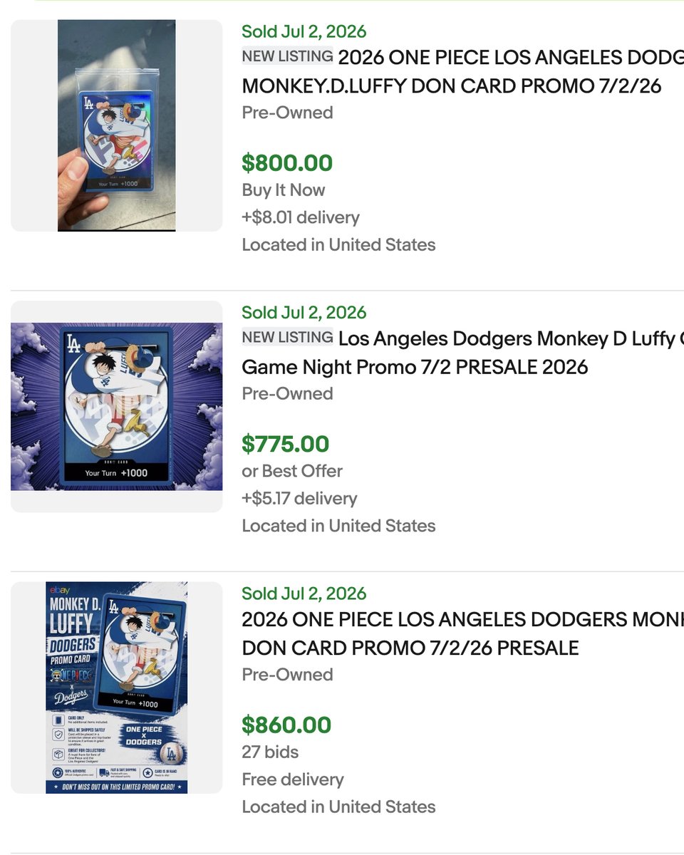 Courtyard_io's tweet photo. People are flipping the free One Piece x Dodgers promo for $800+ while still at the game 😳 https://t.co/hhZ3M0shvB