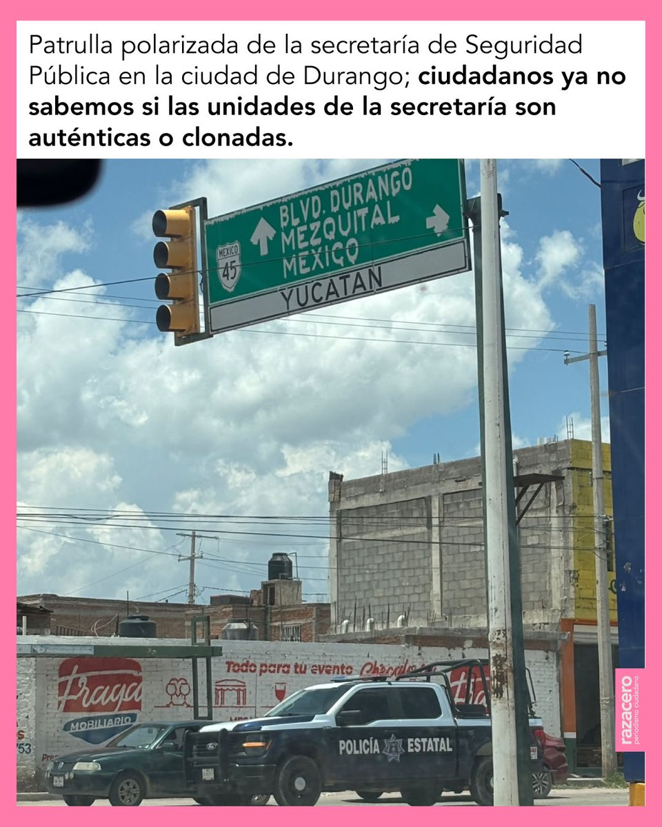 RazaCero's tweet photo. #Durango || Patrulla polarizada de la secretaría de Seguridad Pública.

Los ciudadanos ya no sabemos si las patrullas de la secretaría de Seguridad Pública son auténticas o clonadas, pues circulan por las calles de la capital con sus vidrios polarizados, práctica que el narcogobernador priista Esteban Villegas (@EVillegasV) y su corrupto titular de esta dependencia, Óscar Galván (@OscarGalvanV), dijeron que iban a erradicar desde el inicio de este sexenio, hace casi 4 años.

No estaría mal que "Los Perrazos", "Los Murciélagos" y "Los Acorazados" del Ejército Mexicano le dieran una revisada minuciosa a todas las patrullas que andan deambulando en la ciudad y sus alrededores, para saber si efectivamente son reales o clonadas, y si son reales por qué razón traen los vidrios polarizados.