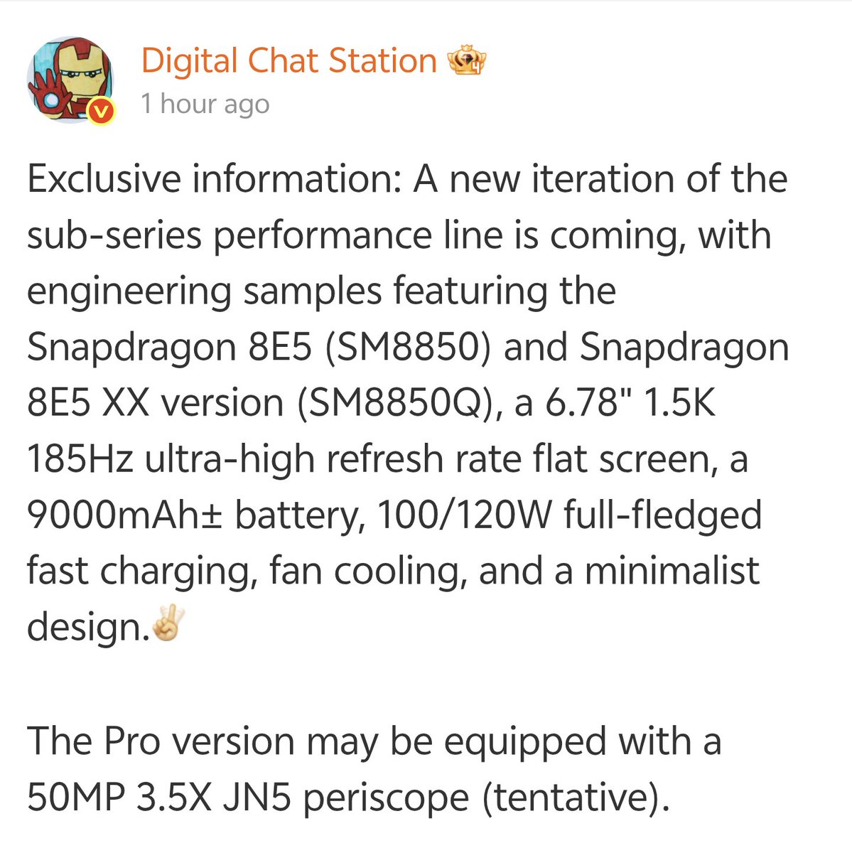 ayansonunigam's tweet photo. 🚨 OnePlus Ace 7 Series 🚨 

6.78" 1.5K 185Hz Flat📱
SD 8 Elite Gen5 (SM8850) &amp; 
SD 8 Elite Gen5 (Lite version) (SM8850Q)
Built-in Cooling Fan
9000mAh±🔋+ 100W/120W⚡

✅ OnePlus Ace 7 Pro may feature a
       50MP JN5 (3.5x) Periscope Telephoto 🔭

#OnePlus #OnePlusAce7 https://t.co/r0emDZCxuD